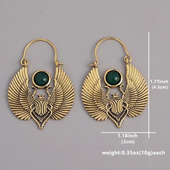 Enchanting Elegance: Insect Design Green Inlaid Dangle Earrings with 14K Gold Pl - Picture 2 of 3
